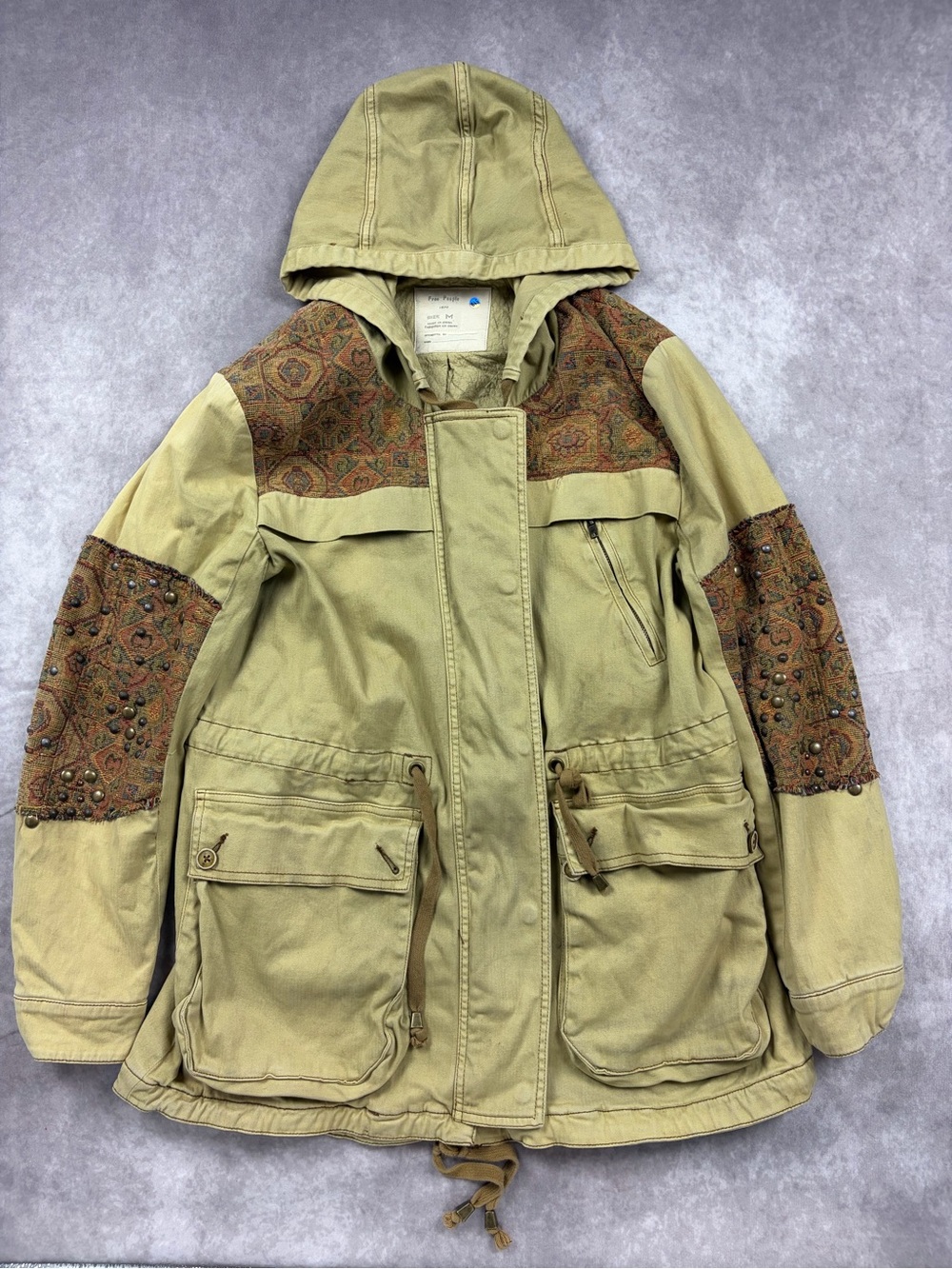 Vintage Free People Women's Beige Hooded Outdoor Jacket Tapestry Medium
